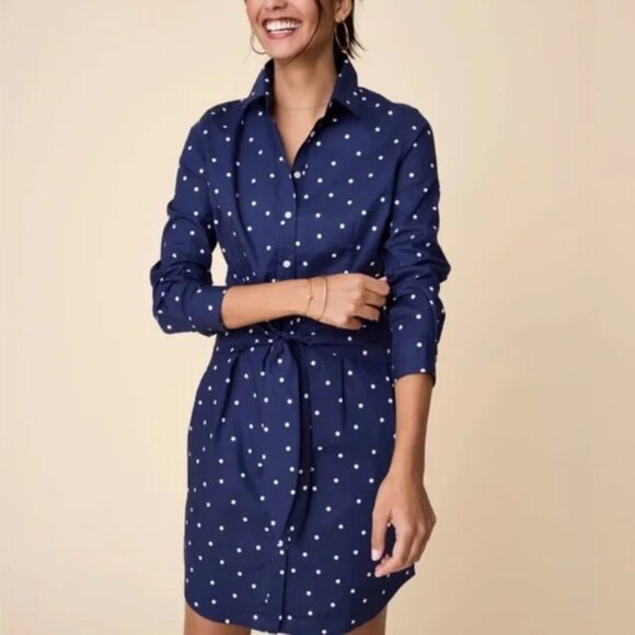 Untuckit Madeline Navy Polka Dot Cotton-Stretch Belted Shirt Dress, Size 12 Chic - Picture 1 of 10